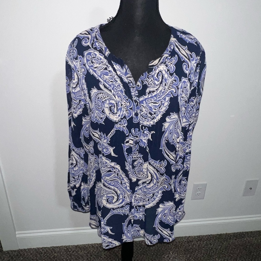 Lucky Brand Navy Paisley Split-Neck Tunic Blouse